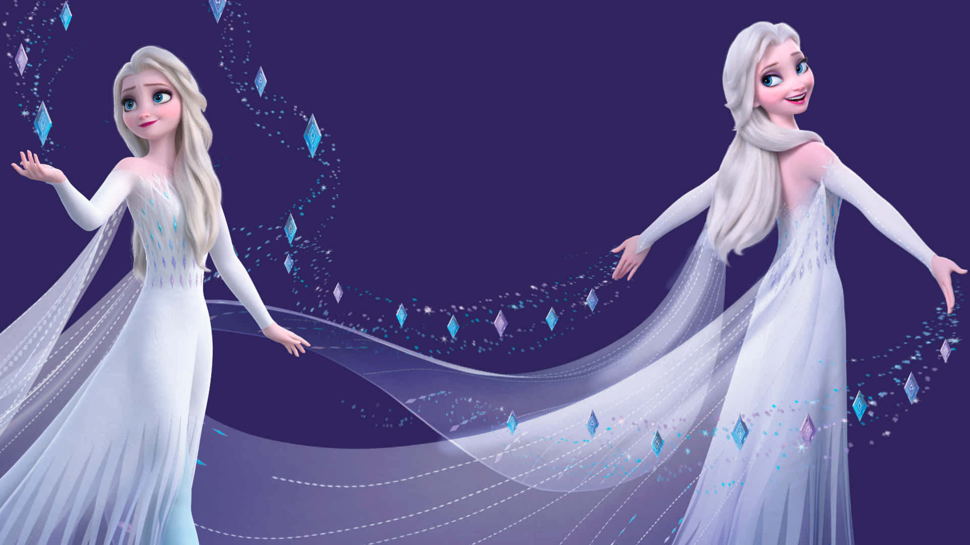 迪士尼電影《冰雪奇緣2》中艾莎的絕美白裙 壁紙 — 兩位動畫公主身穿飄逸白色長裙，在深紫色背景下創造閃閃發光的冰魔法。