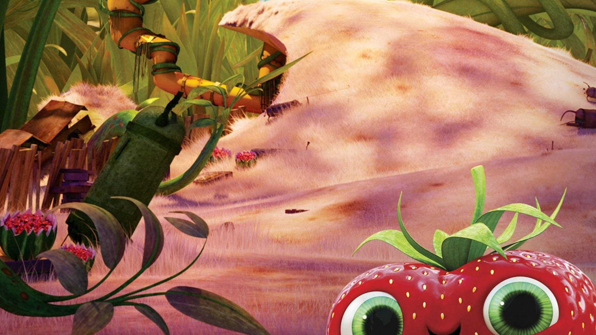 《天降美食2》中的巴里草莓 壁紙 — 一個奇幻的動畫場景，在一個有巨型植物和毛茸茸生物的叢林中，有一顆戴著咕嚕眼嘅士多啤梨。