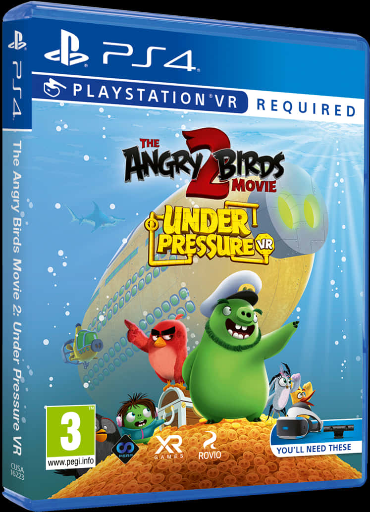 《憤怒鳥電影2：Under Pressure VR》PlayStation 4遊戲封面 壁紙 — 憤怒鳥角色在VR水下冒險中，與潛艇和鯊魚一起在藍色海洋場景中。