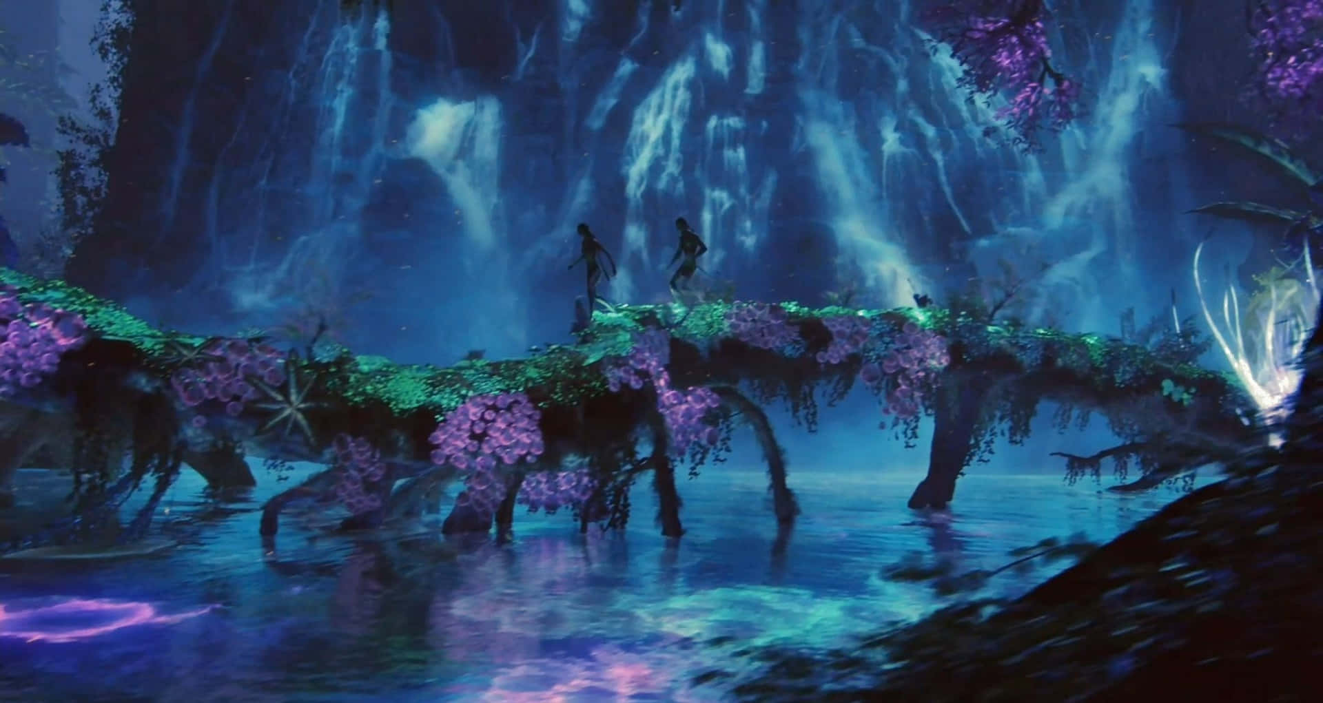 阿凡達2：水之道 潘多拉風景 壁紙 — 兩個身影在神秘藍色洞穴中，走過一條裝飾著紫色花朵的發光橋樑，橋下是傾瀉而下的瀑布。