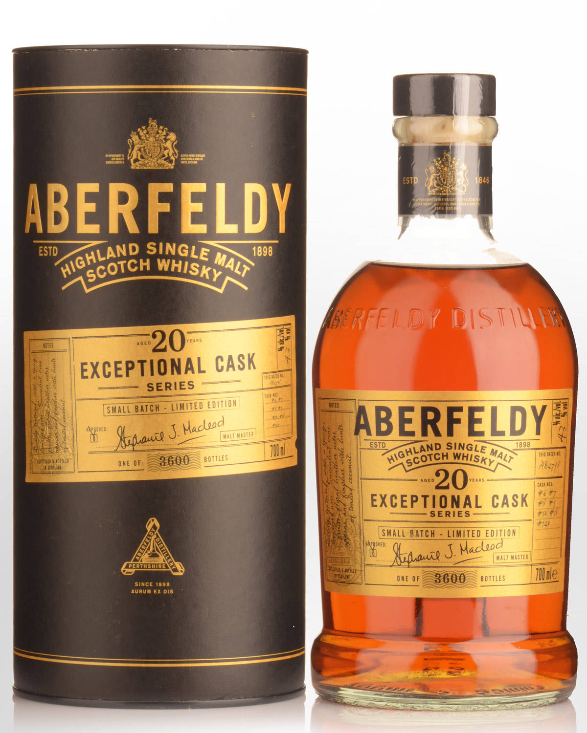 艾伯菲迪20年特選桶系列 壁紙 — Aberfeldy 20年單一麥芽威士忌酒瓶和禮盒，黑色背景上帶有金色字樣。