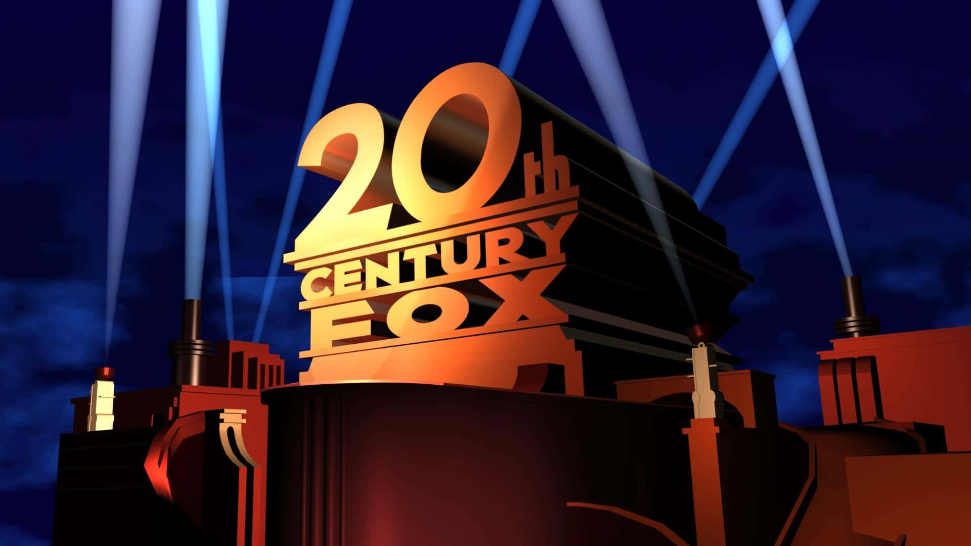 20世紀福克斯搜尋光影片公司夜空圖 壁紙 — 金色嘅20th Century Fox標誌喺黑暗夜空下被藍色射燈照亮。