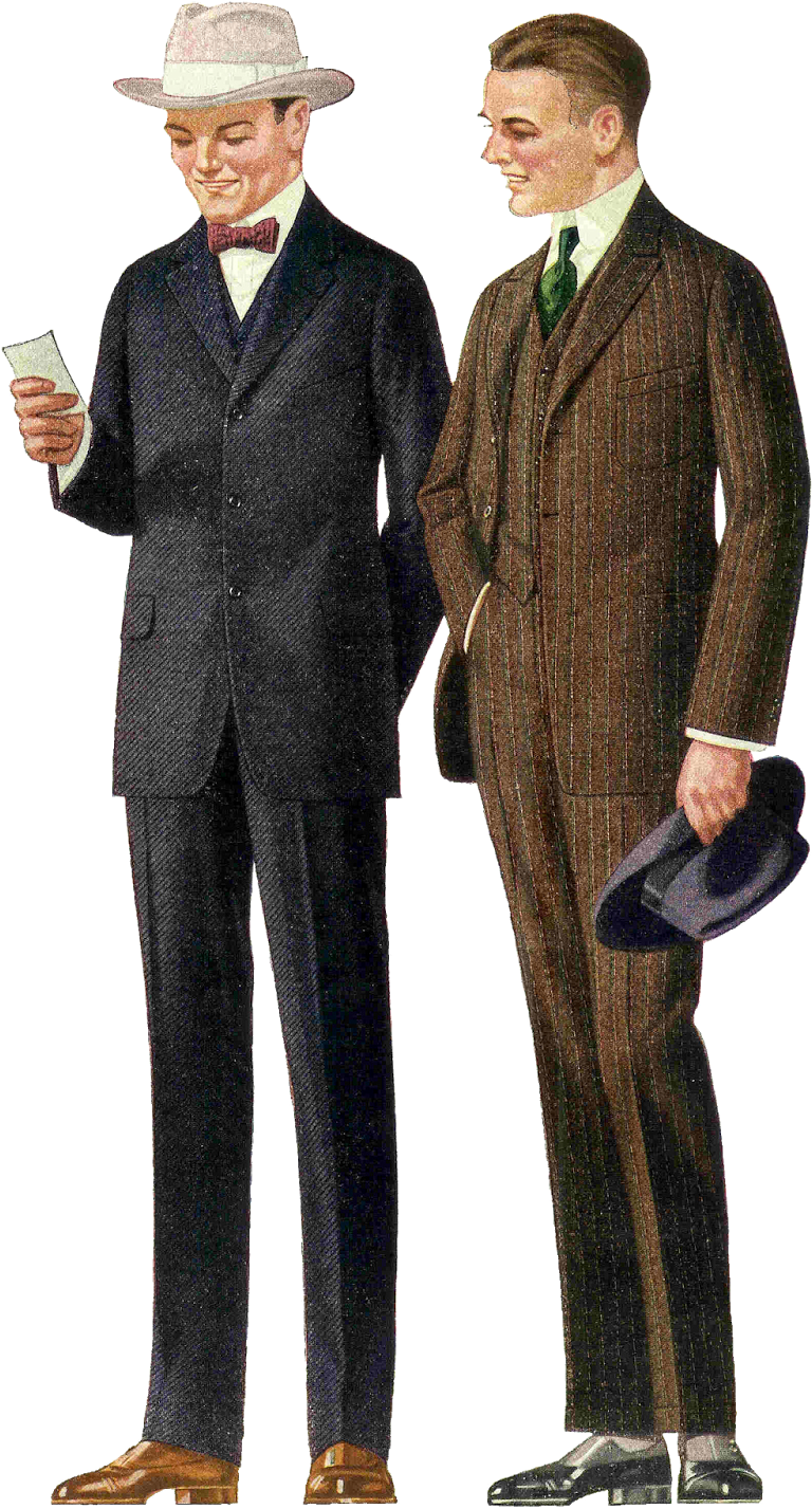 早期20世紀男士服裝插畫 壁紙 — 兩名穿著復古西裝和帽子的時尚男士在素色背景前微笑。