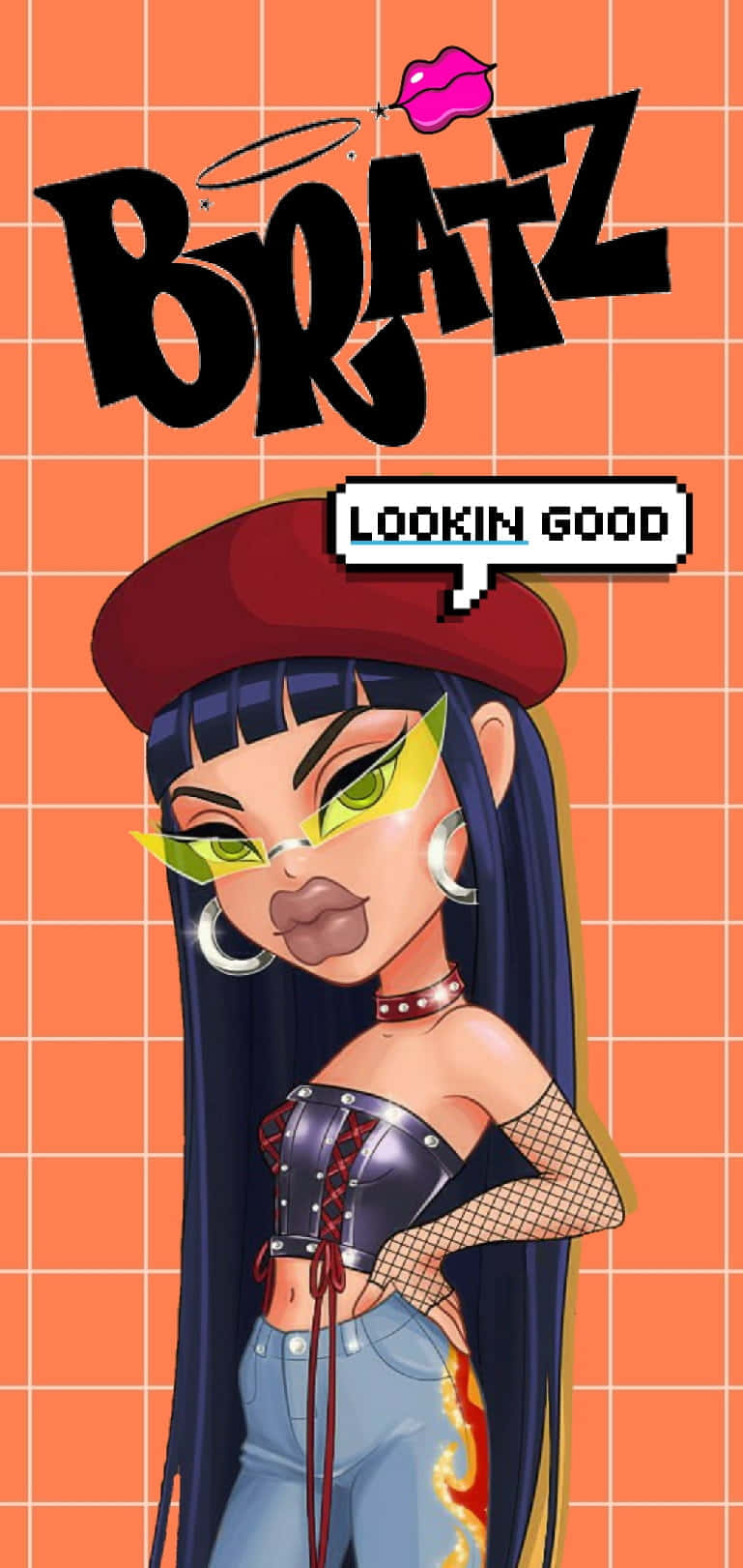 戴著貝雷帽和束腰的 Bratz 娃娃，附有 'lookin good' 對話框。
