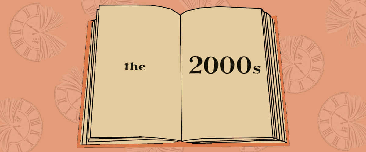 打開的書，標有「the 2000s」，背景有復古時鐘。