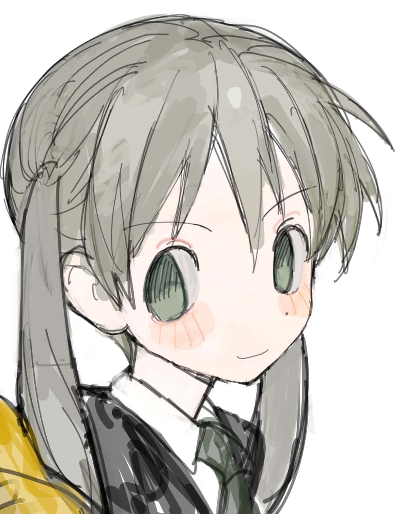 灰色頭髮、綠色眼睛的動漫女孩穿著校服。