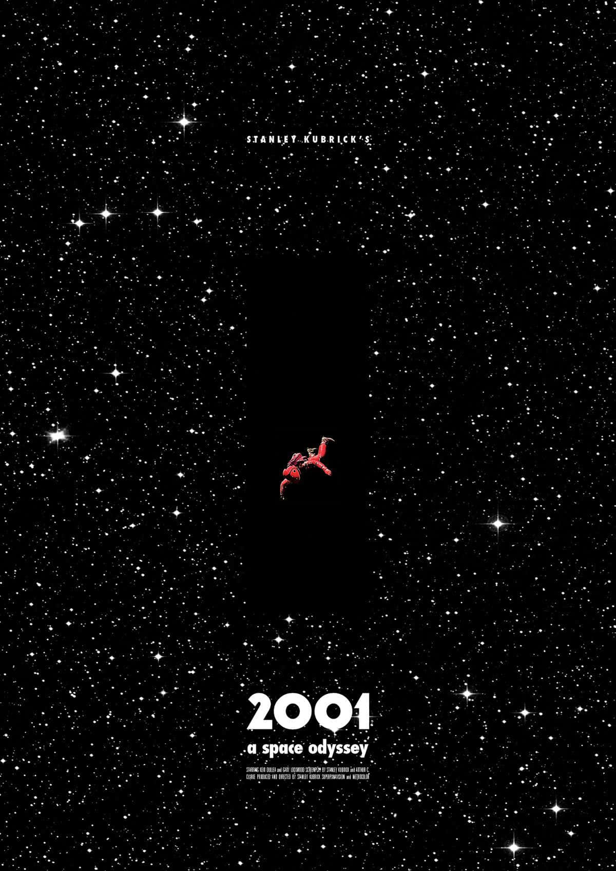 《2001太空漫遊》1968年經典場景：人類對抗機器 壁紙 — 一名身穿紅色太空衣的孤獨太空人在電影標題2001 a space odyssey下，於廣闊星空中無重漂浮。