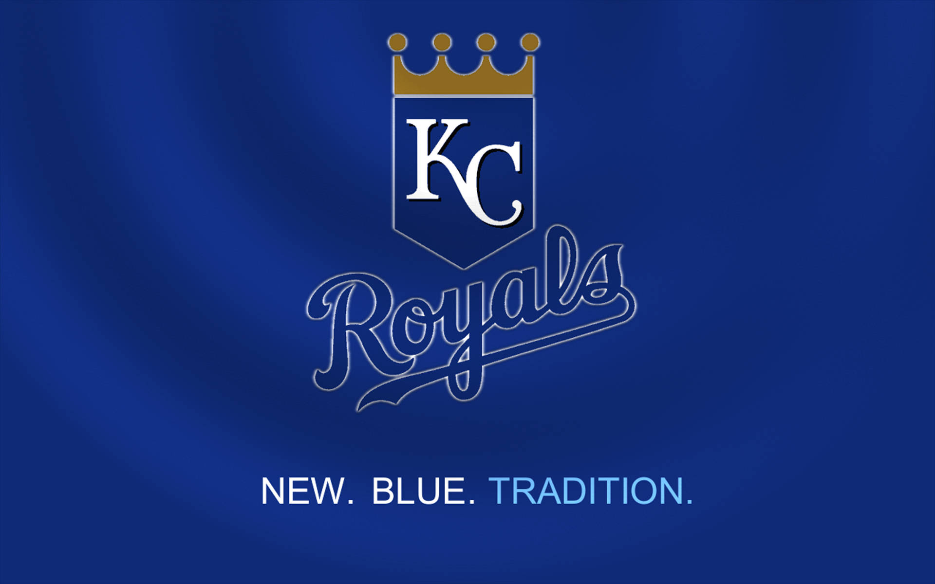 Kansas City Royals 棒球隊標誌，藍色背景，附有標語 new blue tradition
