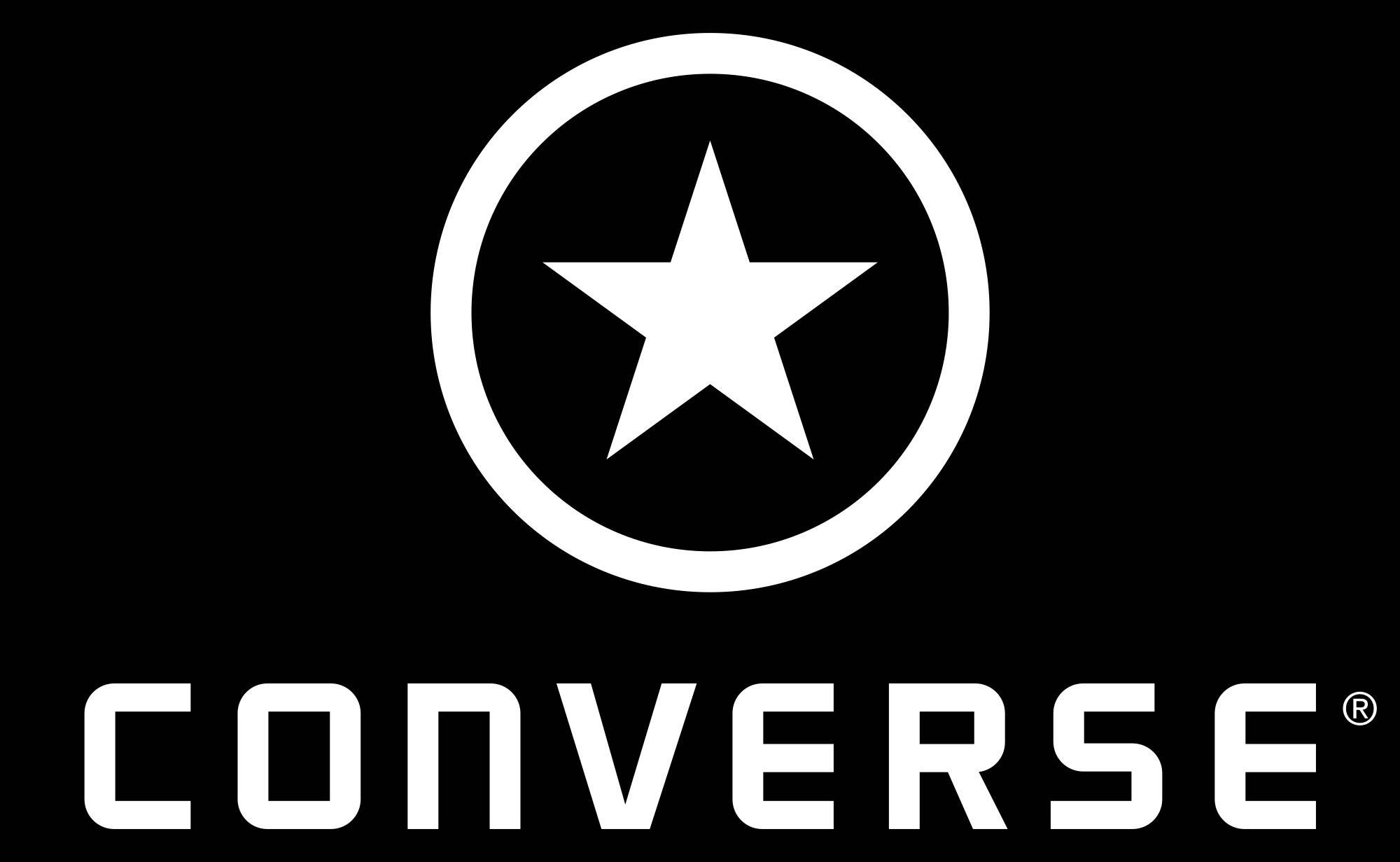 2003 年白色 Converse 標誌 壁紙 — 在純黑色背景上，帶有圓圈內星星的大膽白色 Converse 標誌。