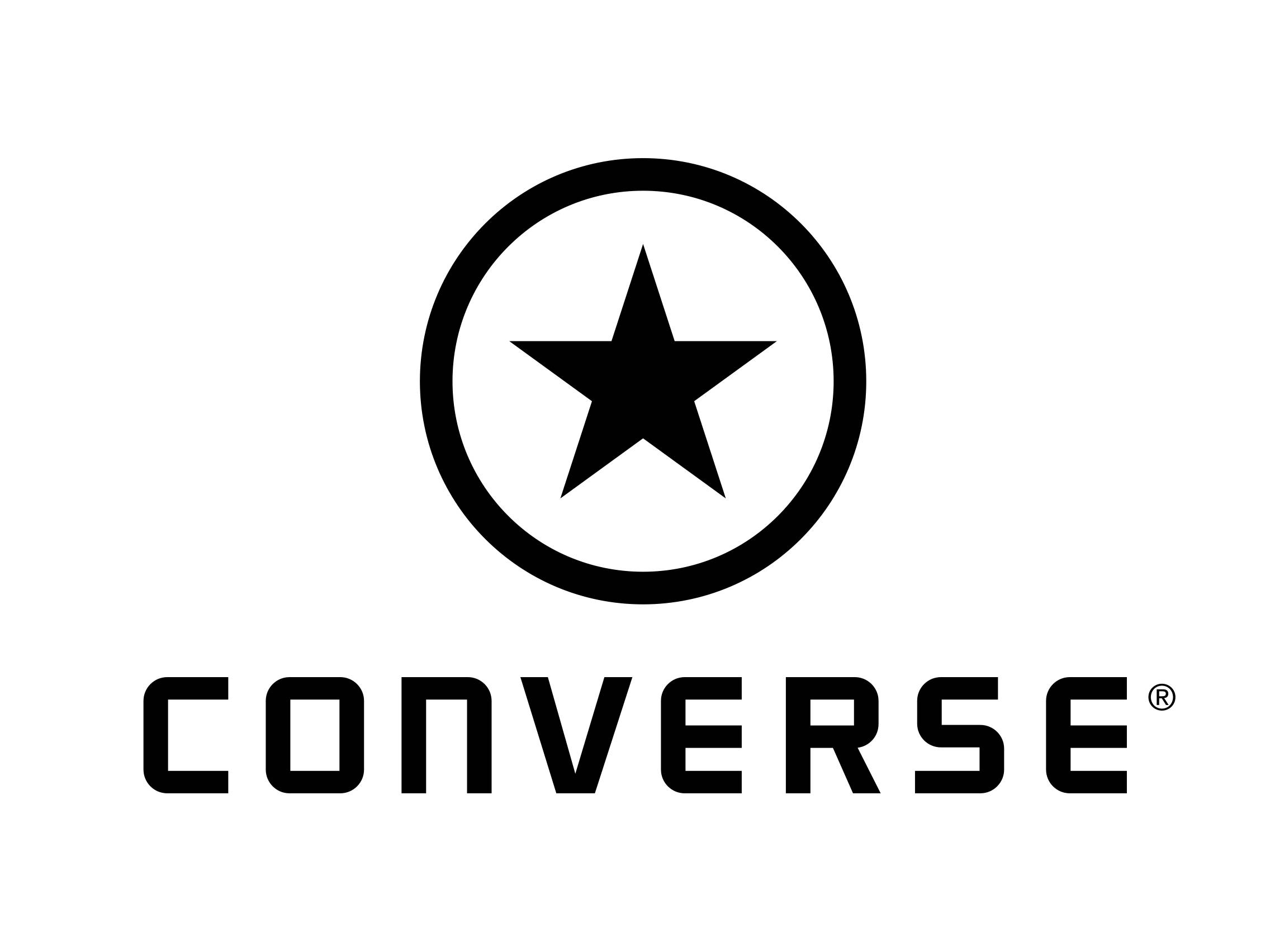 2003年黑色匡威標誌 壁紙 — 黑色Converse標誌，圓圈內有星星，位於粗體品牌名稱上方，背景為純白色。