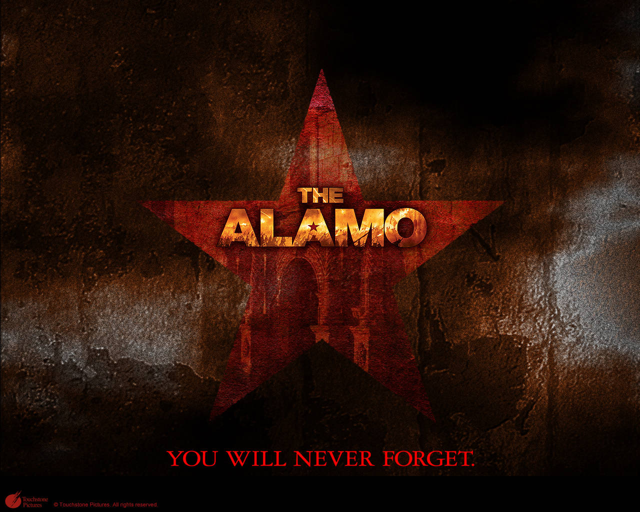 一顆紅色星星，上面有 'THE ALAMO' 文字，位於有紋理的深色牆壁上，附有標語 'YOU WILL NEVER FORGET'。