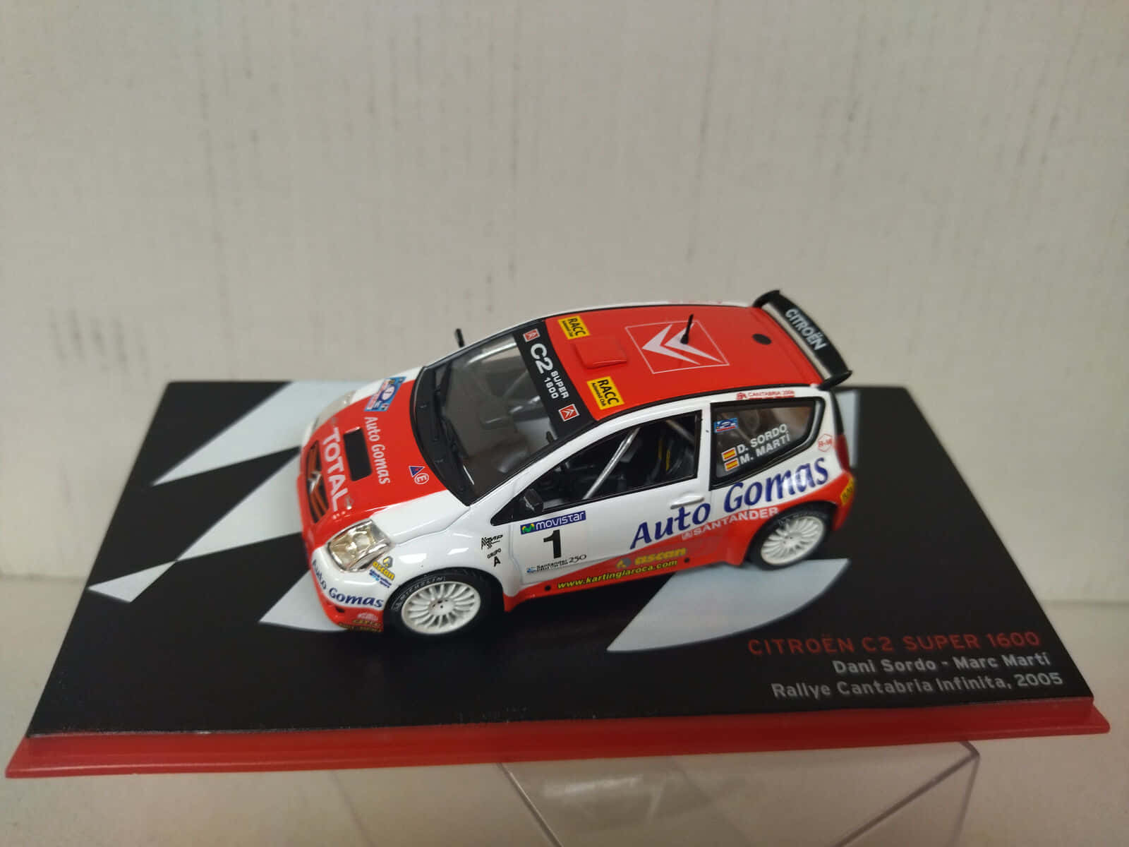 Citroen C2 Super 1600 桌布 壁紙 — 2005年紅白雪鐵龍C2拉力賽車的詳細1:43比例模型，展示在格子底座上，附有車手姓名和活動文字。