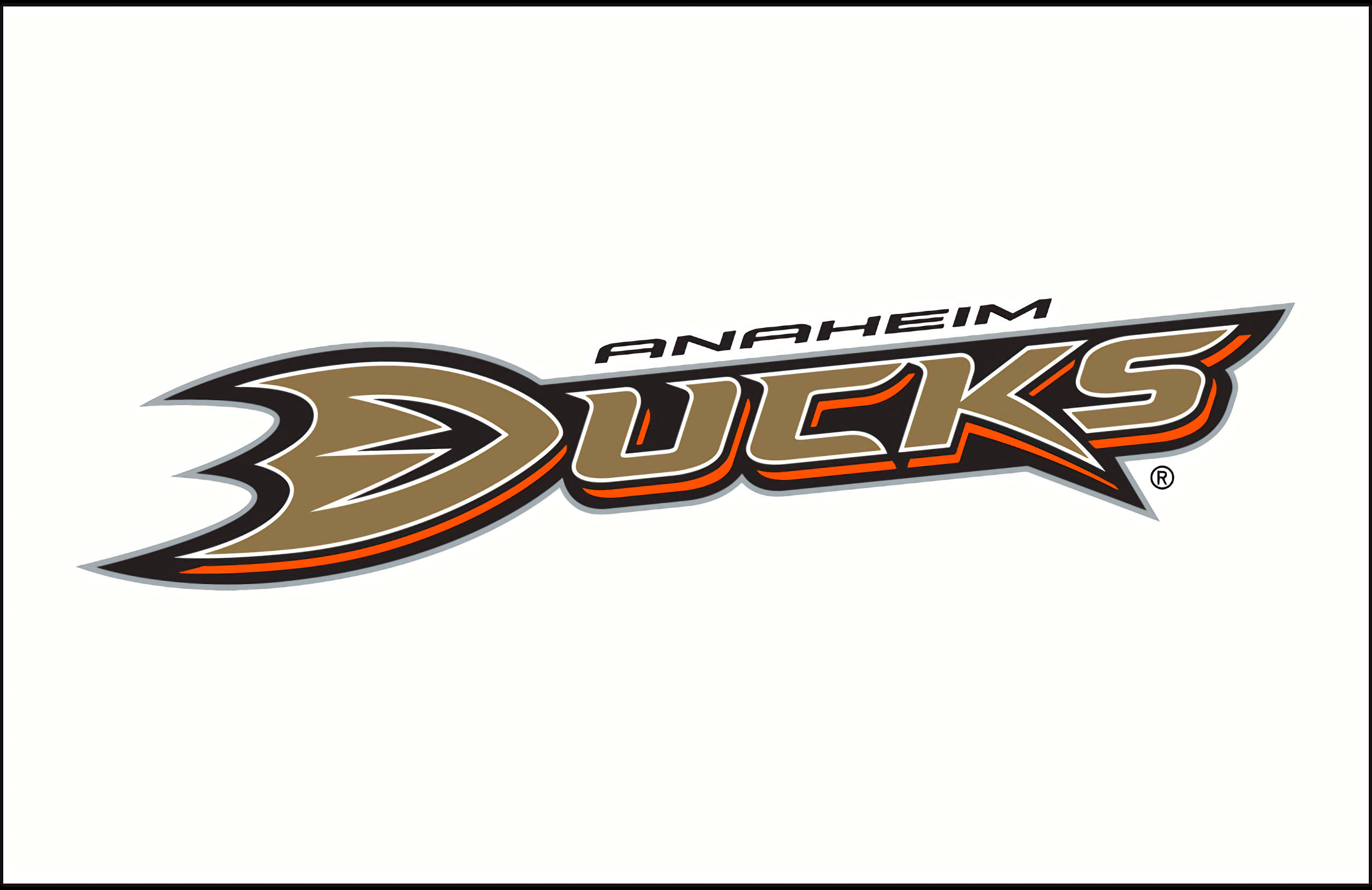2006安那罕鴨隊隊徽 壁紙 — Anaheim Ducks 標誌，採用粗體風格字體和鴨頭設計，金色、黑色和橙色，白色背景。