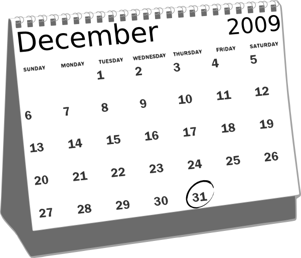 2009年十二月日曆剪貼圖 壁紙 — 2009年12月的灰階桌曆，31號用黑色墨水圈起。