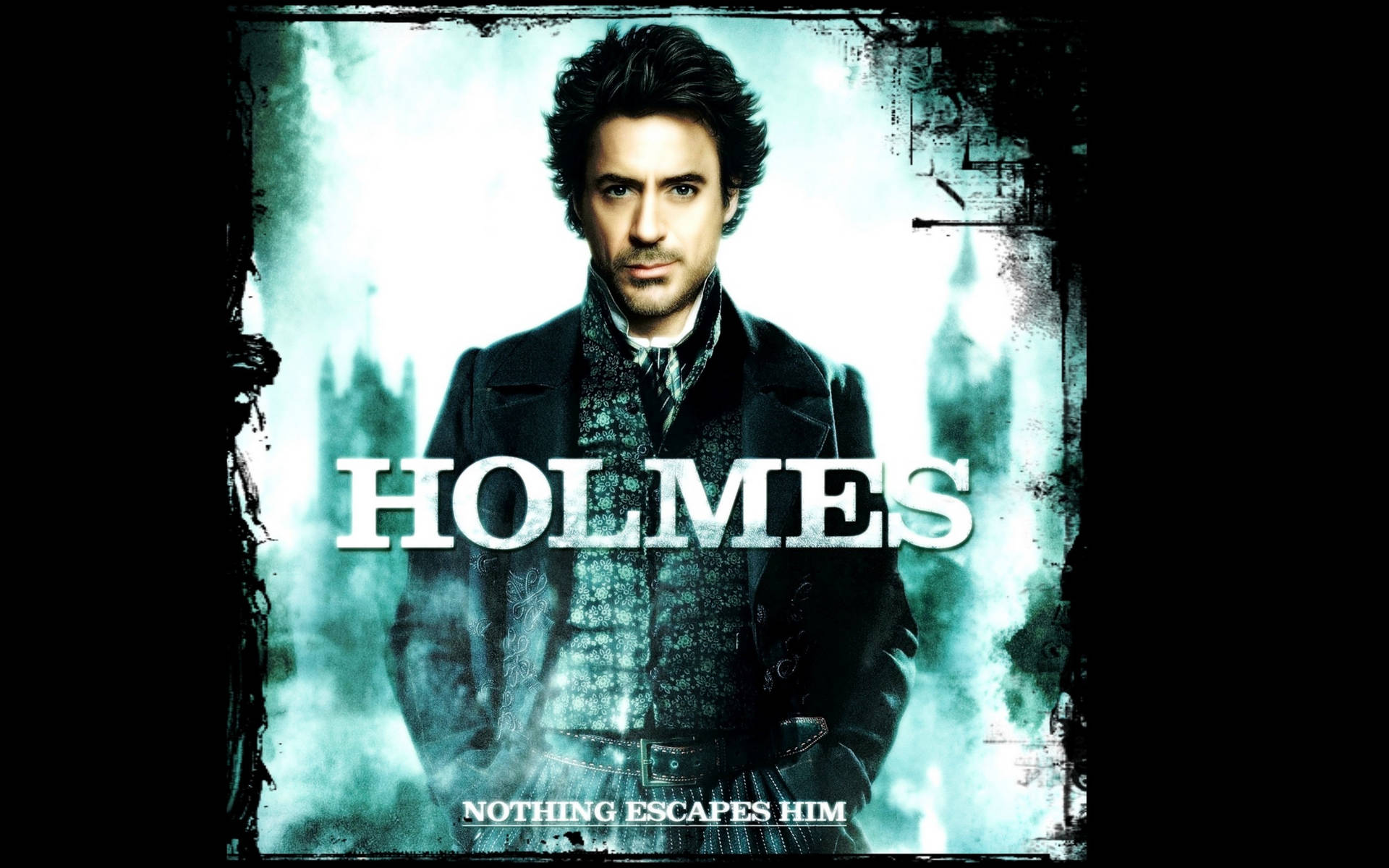 一個穿著深色外套的男人，上面有文字 HOLMES 和 NOTHING ESCAPES HIM。