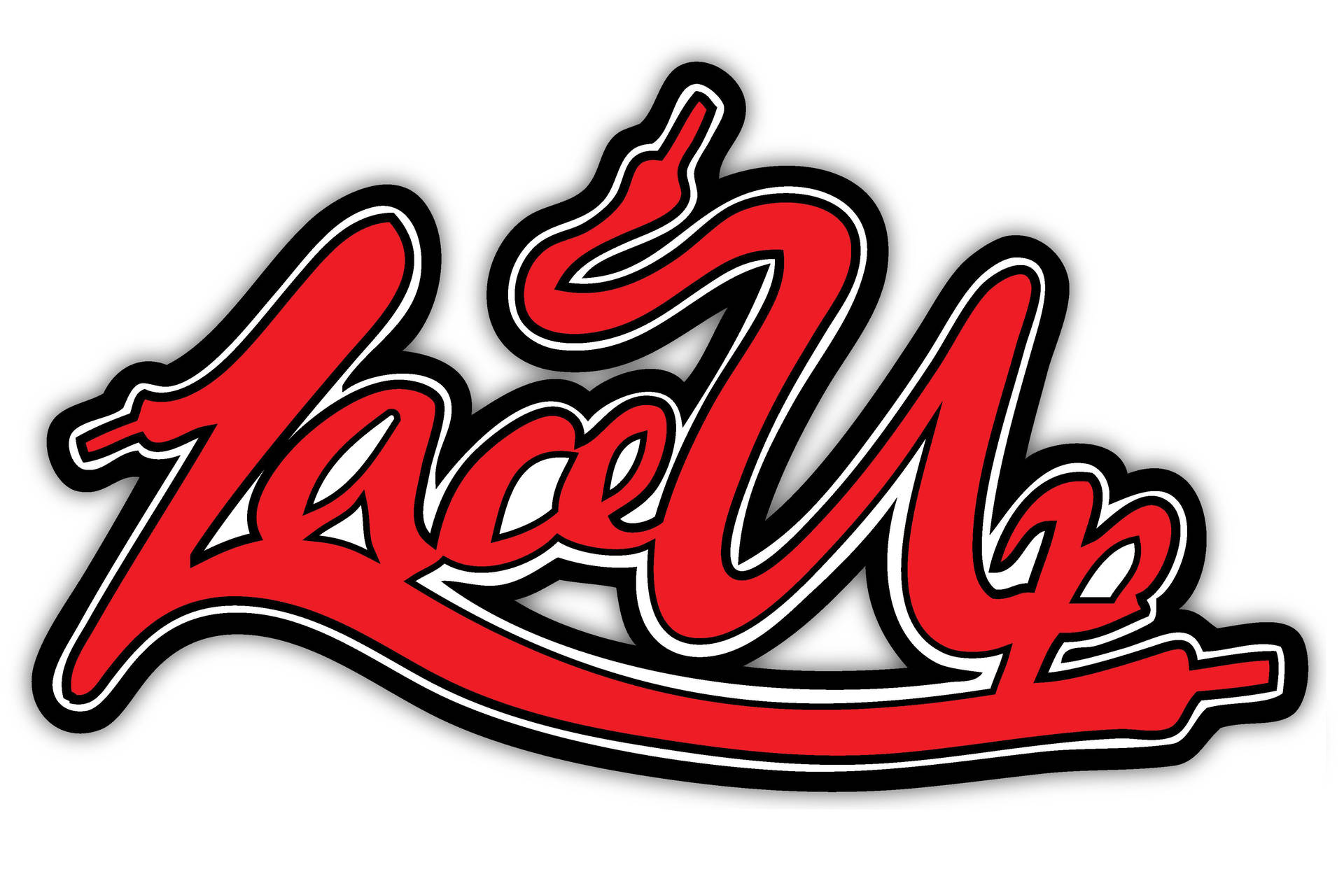 紅色 'Lace Up' 標誌，風格化為鞋帶，帶有黑色和白色輪廓。