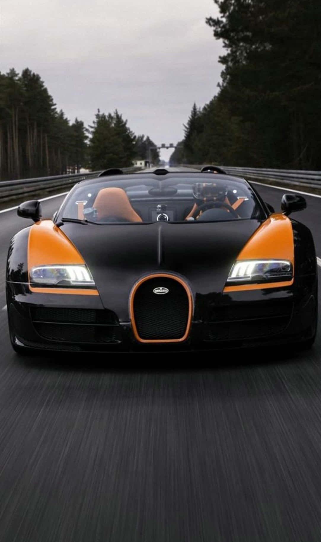 2011 年布加迪威龍汽車 Android 主題 壁紙 — 一輛黑色和橙色的Bugatti Veyron在樹林環繞的道路上疾馳，瀝青路面呈現動態模糊效果。