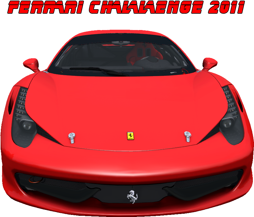 2011年紅色法拉利正面視圖 壁紙 — 亮紅色 Ferrari Challenge 2011 賽車正面視圖，黑色背景，粗體紅色文字。