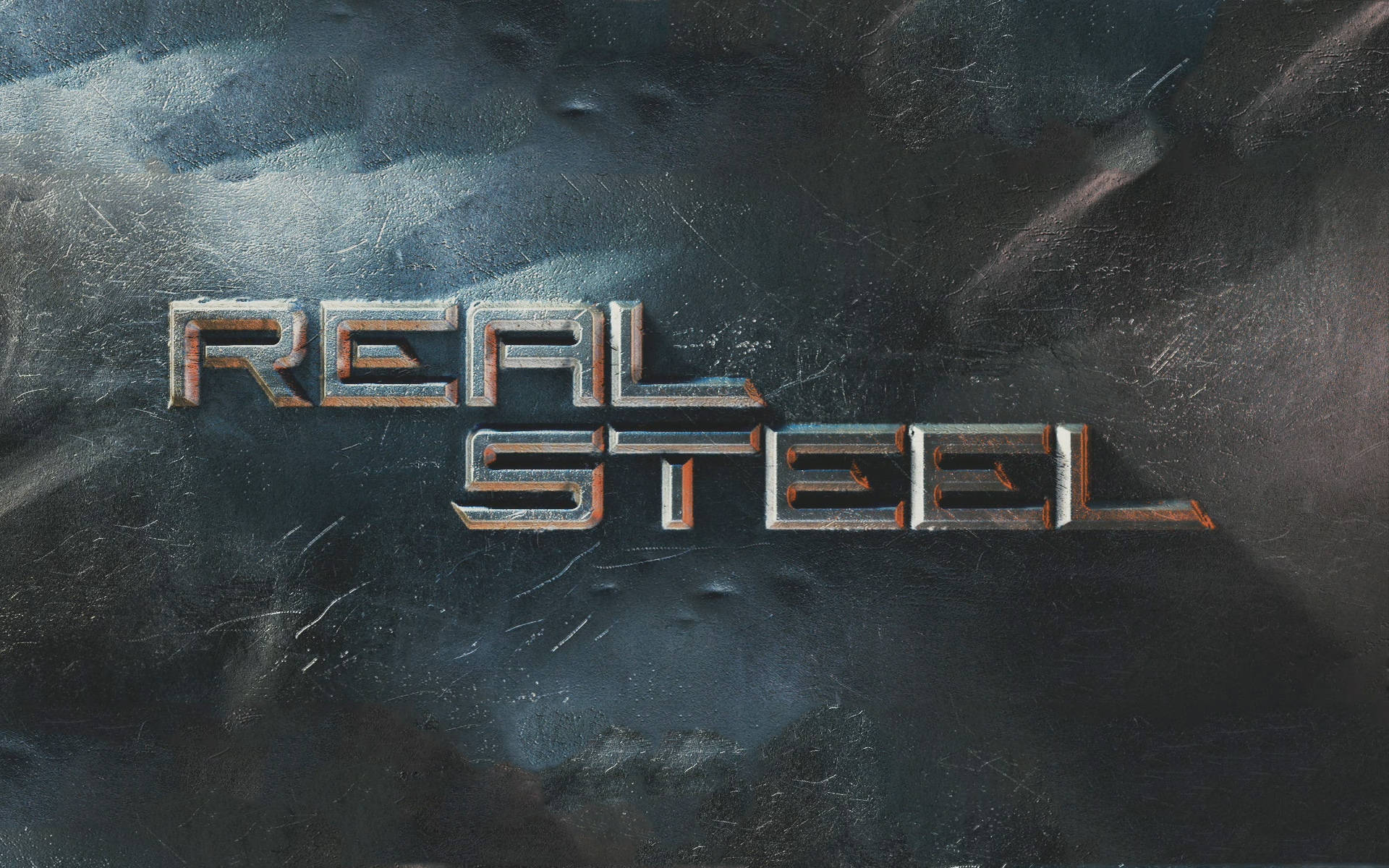 2011年電影《Real Steel》 壁紙 — 「REAL STEEL」呢幾個字以粗獷嘅金屬字母喺刮花嘅深色鋼鐵表面上發光。
