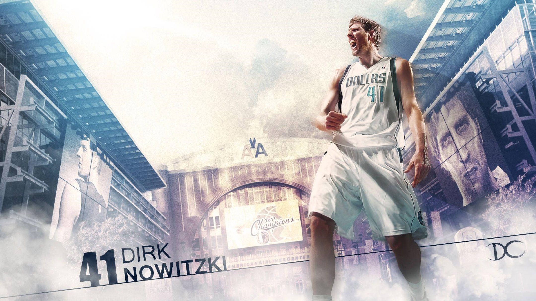 2011年NBA冠軍德克·諾維茨基 壁紙 — 德克·諾維茨基身穿達拉斯獨行俠球衣，在球場煙霧和冠軍旗幟中勝利咆哮。