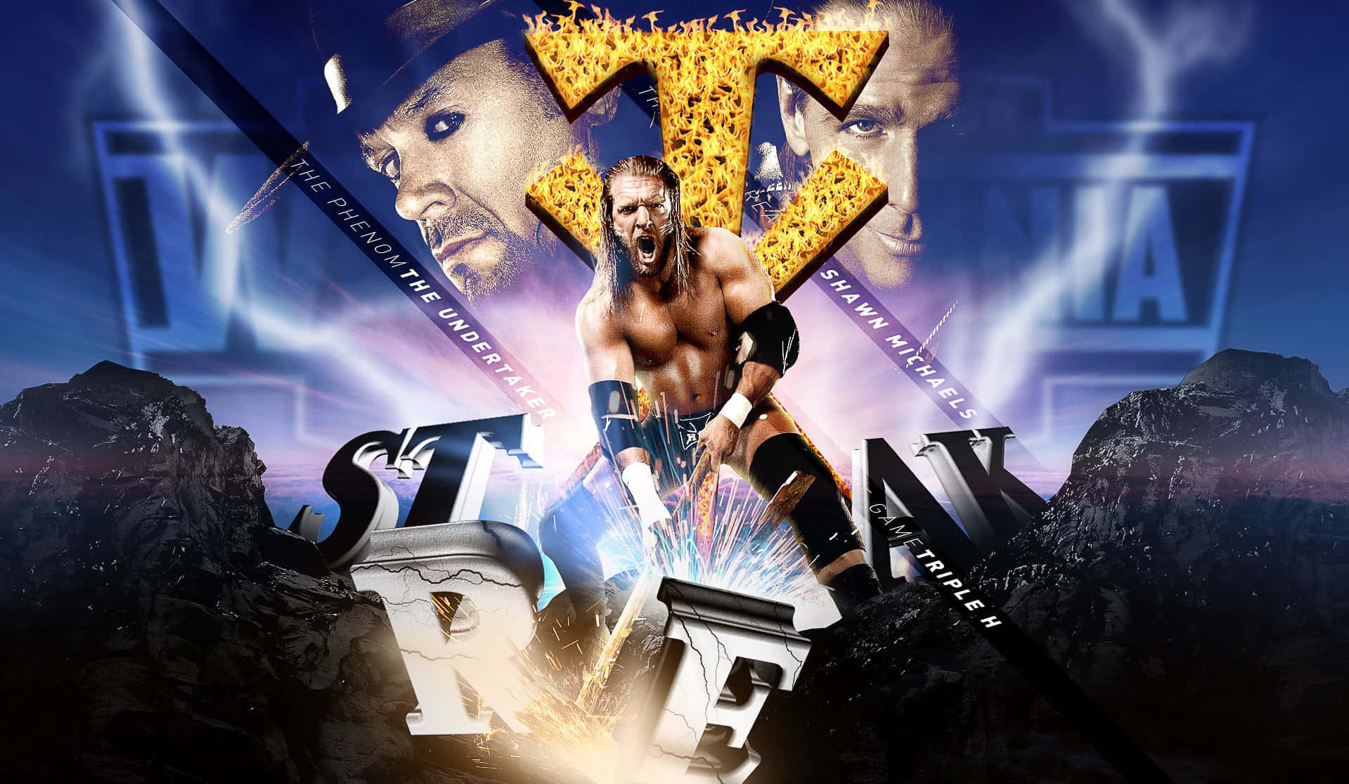 摔角手 Shawn Michaels 擊碎石牆，火花四濺。