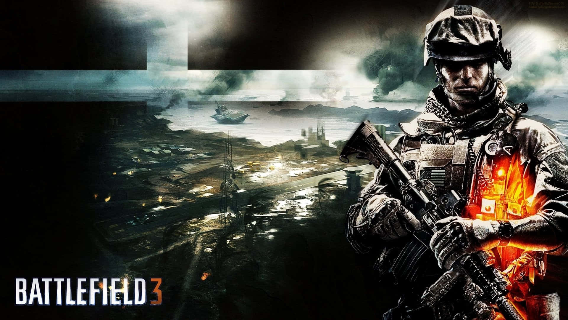 2011年戰地3 電子遊戲 1920x1080 背景 壁紙 — 一名身穿戰鬥裝備的士兵在風暴天空下，面對飽受戰爭摧殘的沿海城市，手持步槍準備就緒。