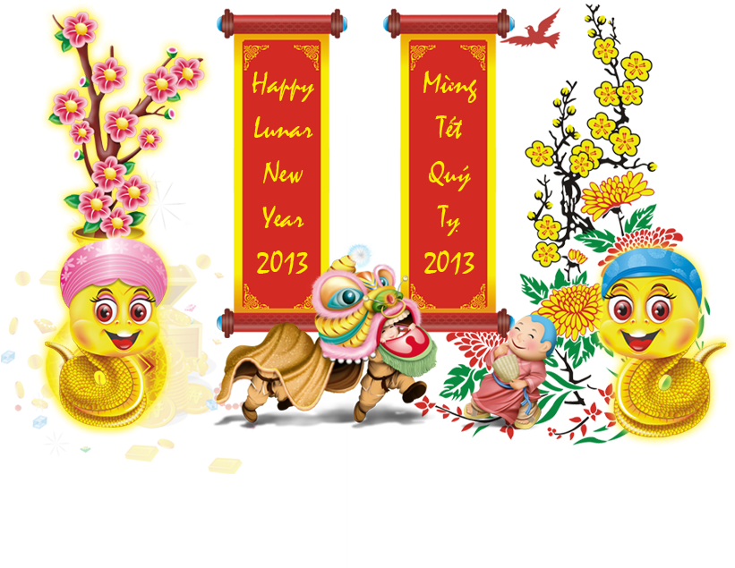 2013 中國新年慶祝插畫 壁紙 — 色彩繽紛的卡通人物在黑色背景前，以舞獅、金幣和盛開的花朵慶祝農曆新年。