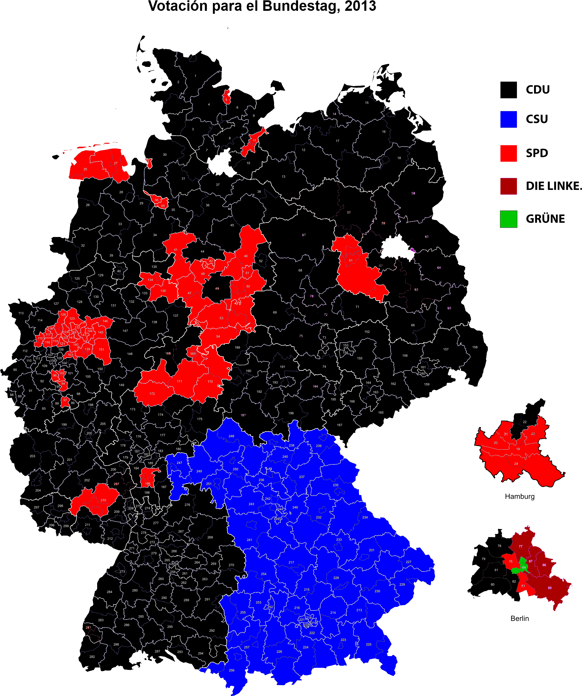 2013年德國聯邦議會選舉地圖 壁紙 — 一張黑色德國地圖，帶有白色邊界和彩色區域，顯示2013年CDU、SPD、FDP和GRÜNE的選舉結果。