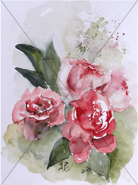 水彩牡丹藝術作品2013 壁紙 — 三朵盛開的紅玫瑰與茂盛綠葉的水彩畫，背景柔和有紋理，色彩鮮豔。