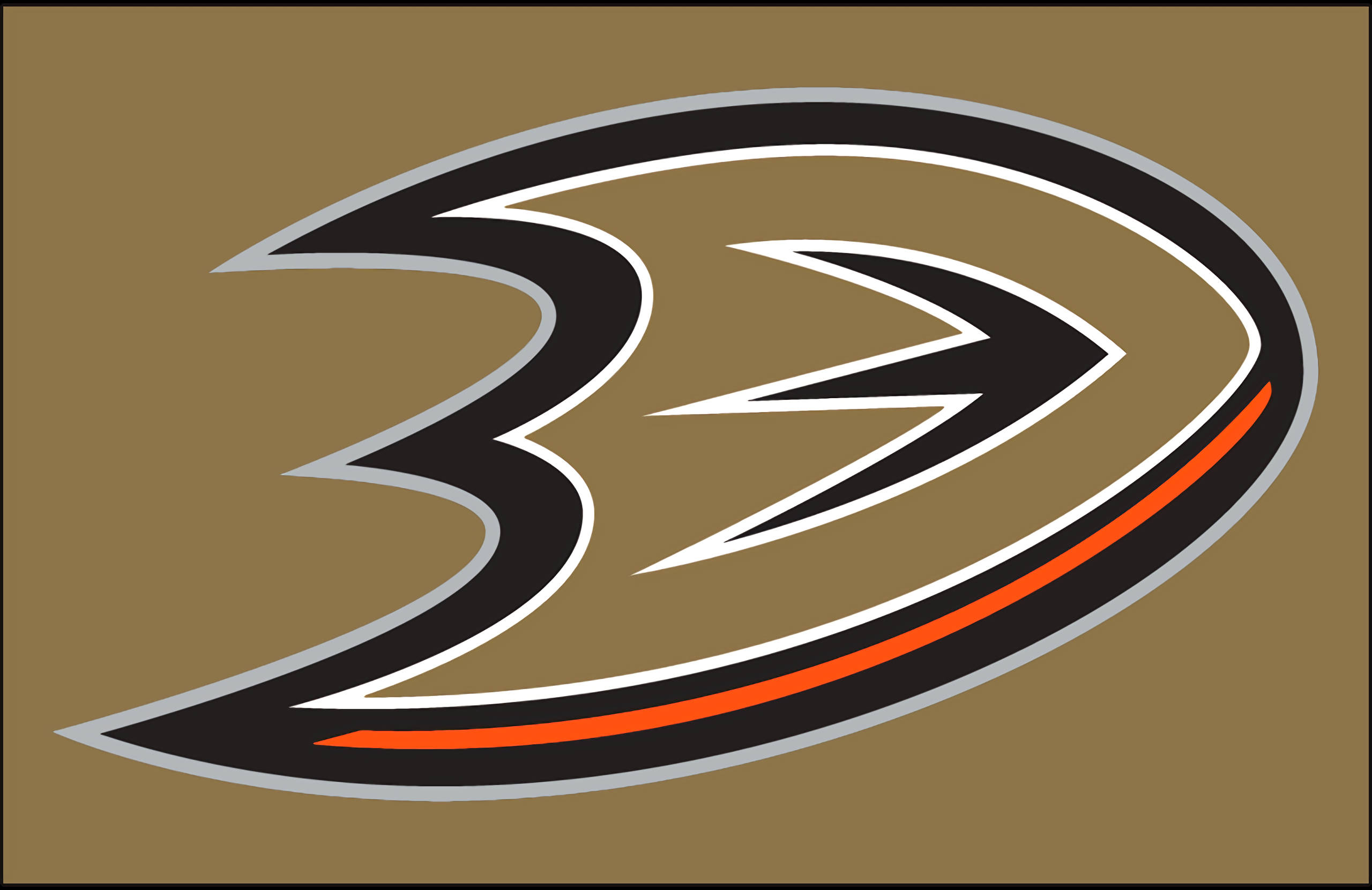 2013安那罕鴨隊棕色背景 壁紙 — 一個大膽嘅Anaheim Ducks標誌，黑色、白色同橙色點綴，純啡色背景。