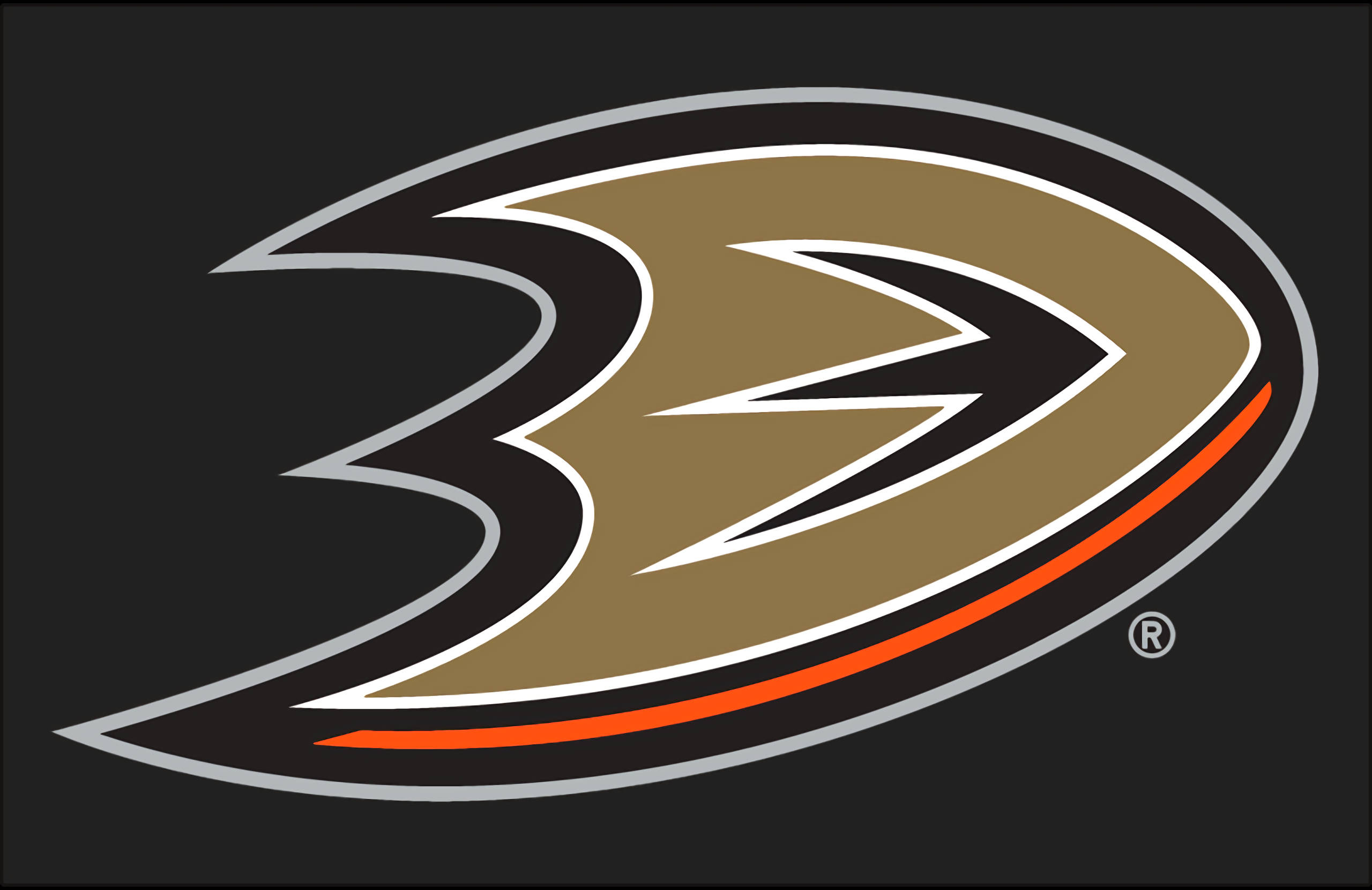 2013安那罕鴨隊黑色背景 壁紙 — 一個大膽的 Anaheim Ducks 標誌，在深色背景上帶有金色、黑色和橙色的曲線。
