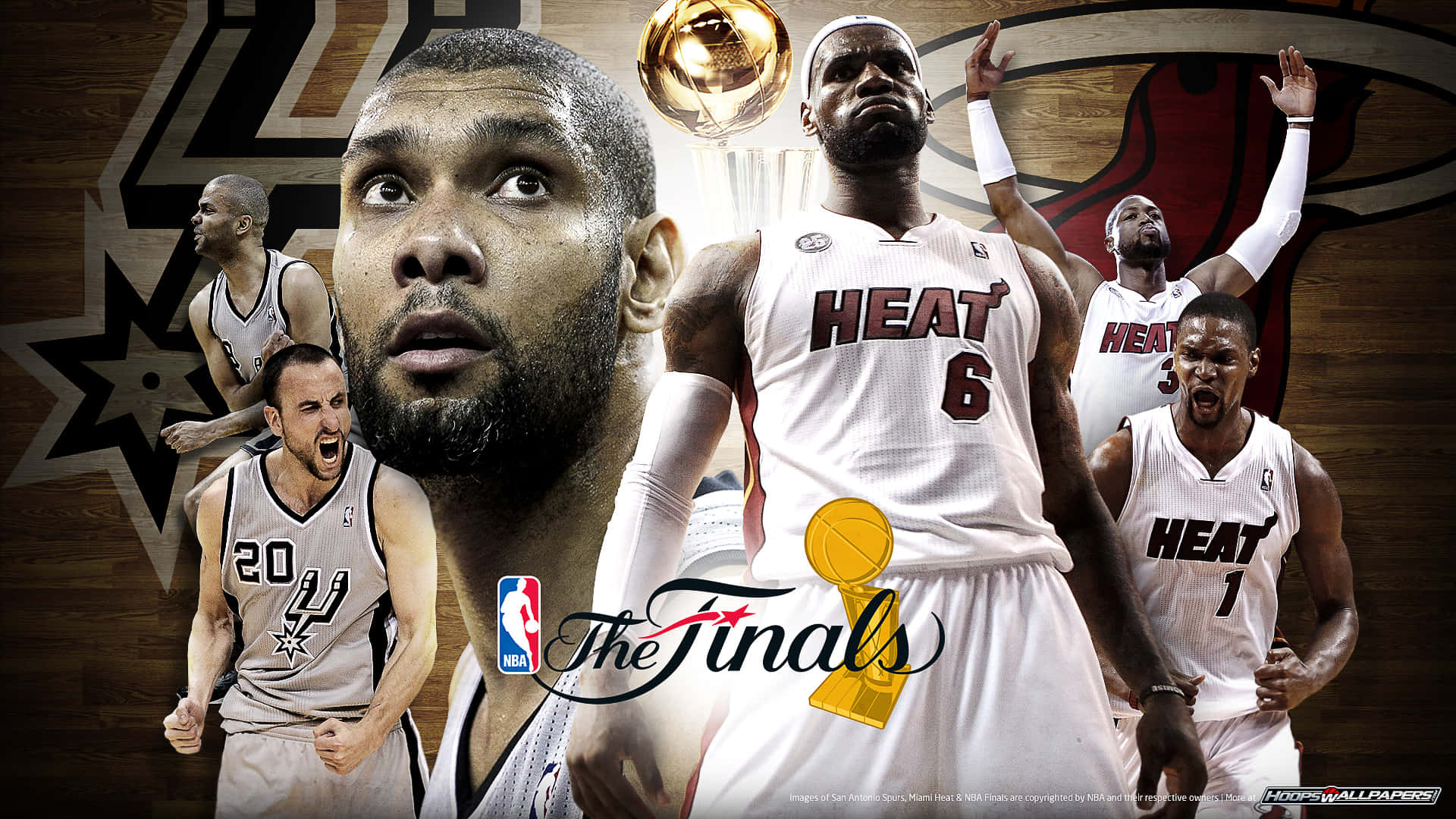 2013年NBA總決賽：邁阿密熱火隊克里斯·波什 壁紙 — NBA總決賽籃球運動員以動作姿勢與冠軍獎盃和球隊標誌組成的動態拼貼畫。