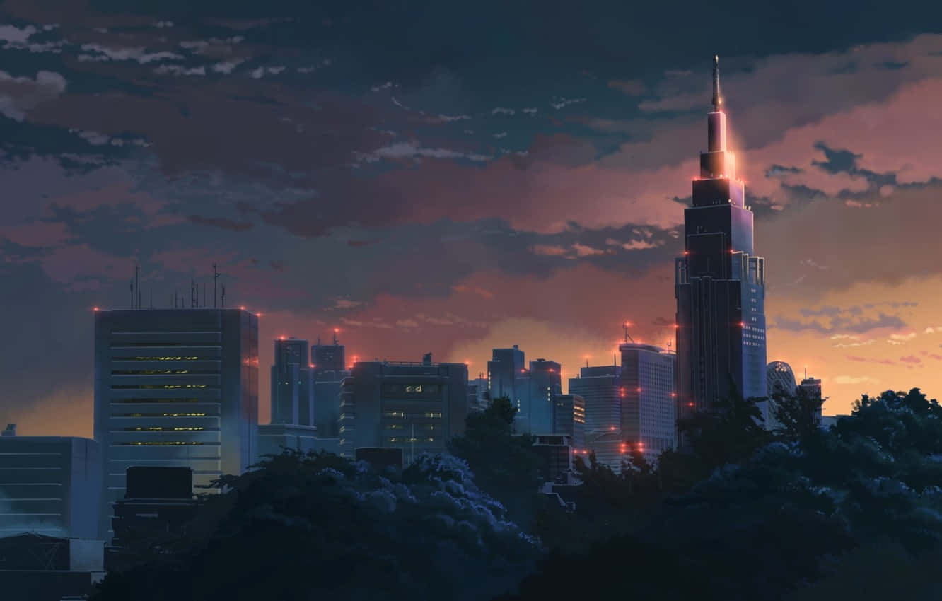 黃昏時的動漫城市天際線，發光的摩天大樓和粉紫色雲彩