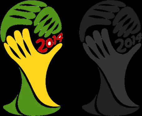 2014 FIFA世界盃標誌變體 壁紙 — 充滿活力的風格化雙手在黑色背景上形成一個帶有「2014」文字的獎盃。