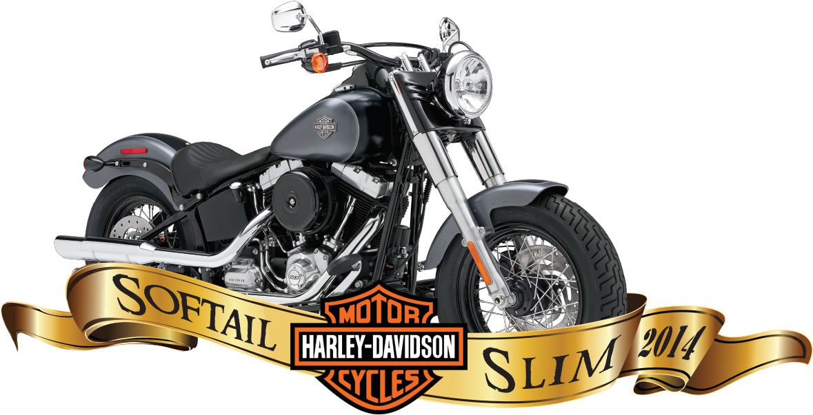 2014 Harley-Davidson Softail Slim 壁紙 — 一輛時尚的黑色2014年Harley-Davidson Softail Slim摩托車，帶有鍍鉻裝飾和金色橫幅，在黑色背景上顯示其型號名稱。