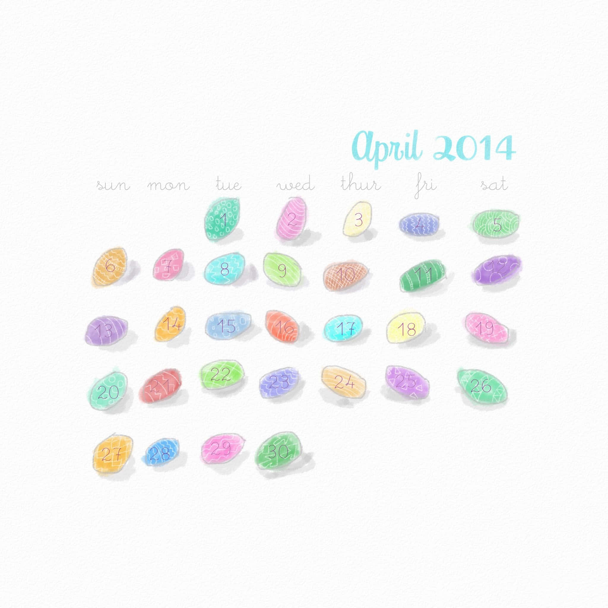 Pastel Easter 桌布 壁紙 — 2014年4月日曆，彩色石質日期方塊以網格排列在帶紋理的白色背景上。