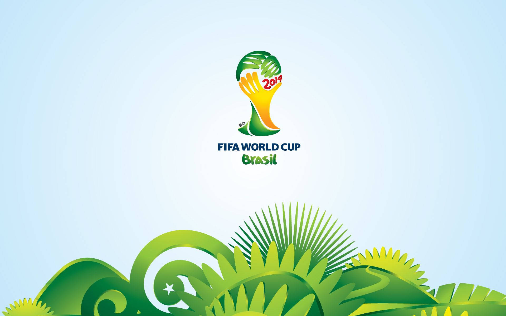 2014年巴西世界盃 壁紙 — 2014年FIFA世界盃巴西標誌漂浮在風格化的綠色熱帶樹葉上方，背景為柔和的藍色漸變。