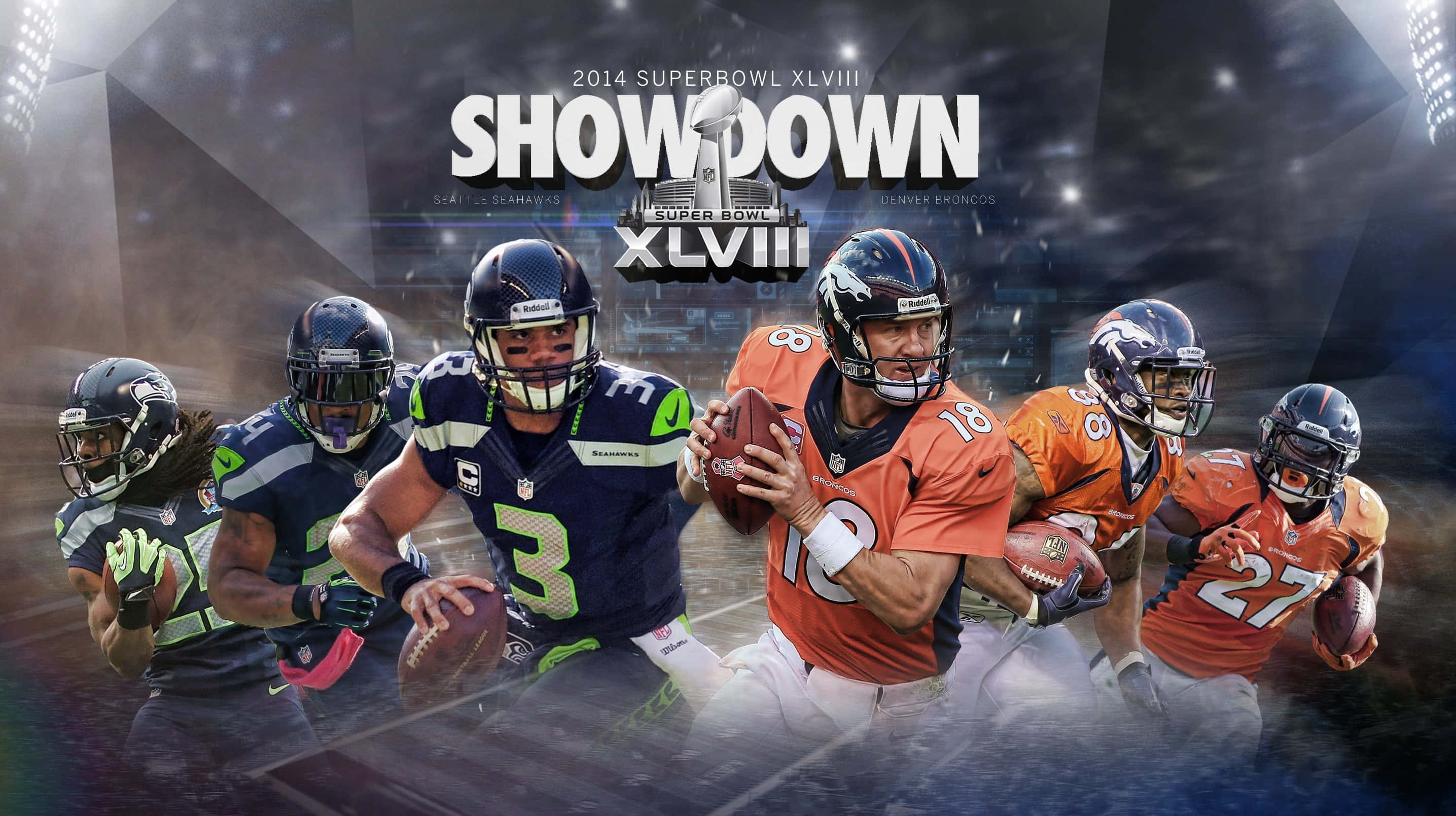 Super Bowl 桌布 壁紙 — 2014年超級碗XLVIII對決中，動態的美式足球運動員在戲劇性的體育場燈光和動態模糊中行動。