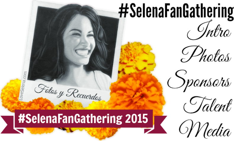 2015賽琳娜粉絲集會 壁紙 — Selena Quintanilla 的黑白肖像，周圍環繞著鮮豔的橙色萬壽菊和活動文字。