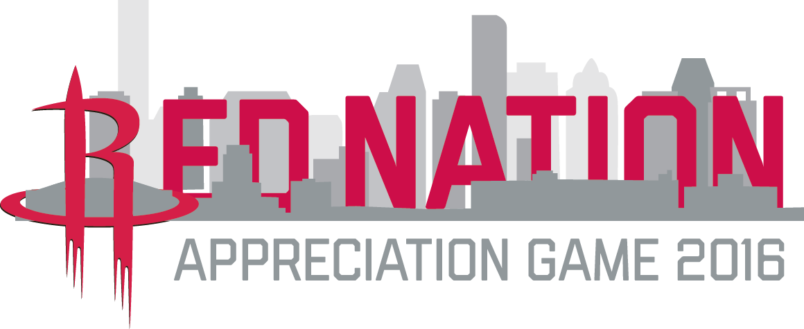 休士頓火箭隊紅色國家感謝賽2016 壁紙 — 粗體紅色 'RED NATION' 文字滴落在灰色城市天際線上，下方有 'APPRECIATION GAME 2016'。