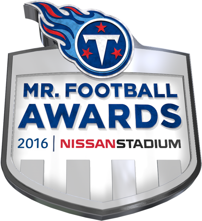 田納西泰坦隊2016年MR. FOOTBALL獎盃 壁紙 — 閃亮銀盾獎章，用於在日產體育場舉行的 Mr Football Awards 2016，帶有藍色火焰標誌和紅色星星。