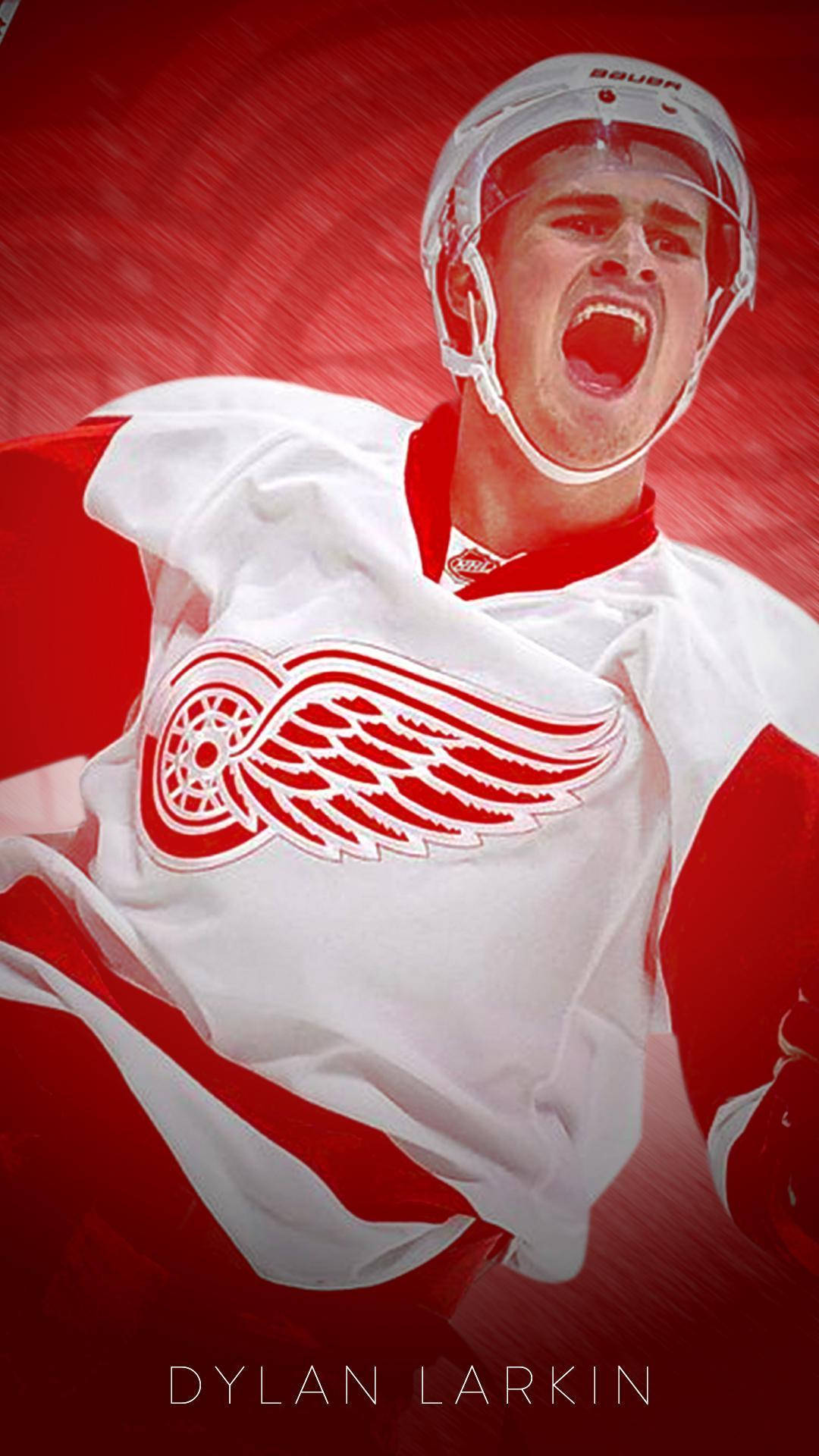 2016年NHL球星迪倫·拉金 壁紙 — 一名身穿底特律紅翼球衣的冰球運動員在動態紅色背景下激烈咆哮。