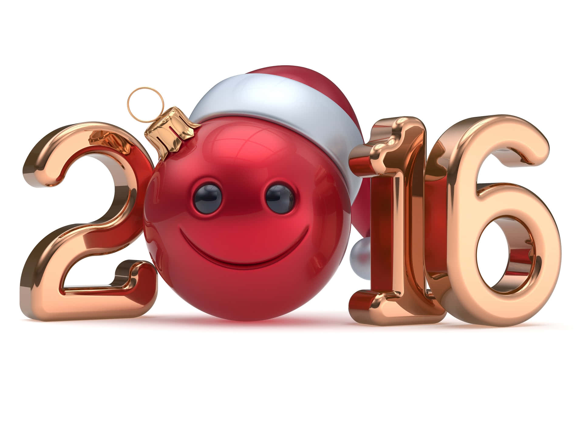 在金黃色2016數字之間戴著聖誕帽的快樂紅色聖誕裝飾。