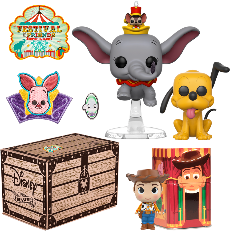 迪士尼珍藏寶盒收藏品 2017年六月 壁紙 — 一系列迪士尼Funko Pop公仔，包括小飛象、布魯圖和胡迪，與木製寶箱和節日主題配件一同展示。
