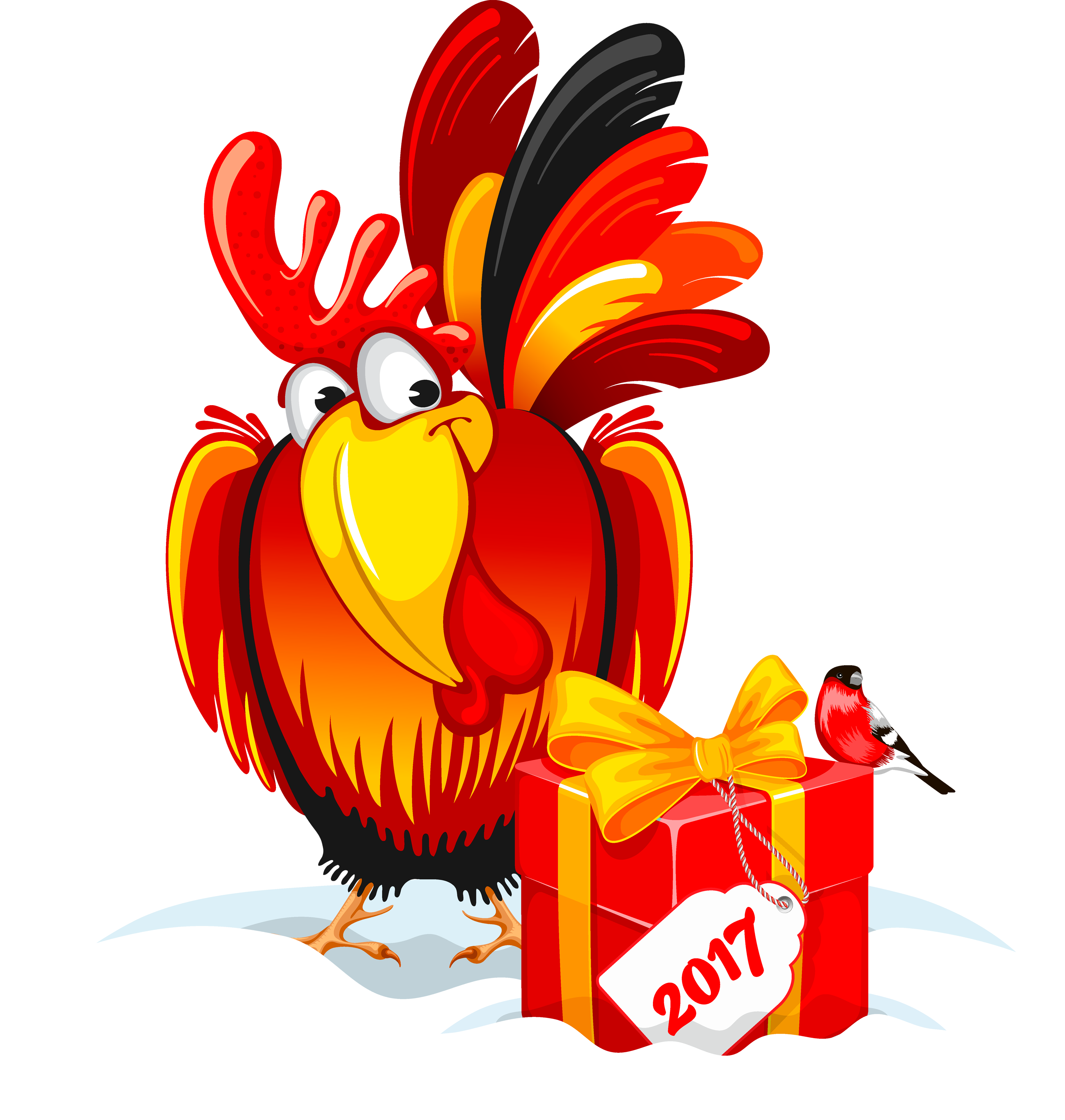 2017 雞年慶祝 壁紙 — 一隻卡通公雞，有火紅和橙色的羽毛，站在一個紅色禮物盒旁邊，盒上標有2017和一個黃色蝴蝶結。