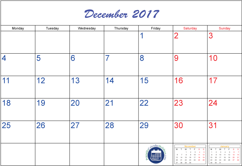 2017年十二月日曆模板 壁紙 — 2017年12月的數位日曆，黑色背景上帶有藍色和紅色數字。
