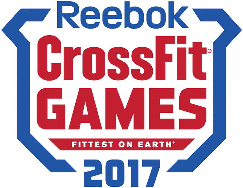 2017 Reebok CrossFit Games 活動標誌 壁紙 — 大膽的紅色和藍色 Reebok CrossFit Games 標誌，帶有「Fittest on Earth」和 2017 年，背景為黑色。