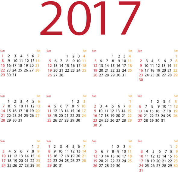 2017全年日曆剪貼圖 壁紙 — 大膽的紅色2017文字主導黑色背景，並以紅色和橙色數字顯示月曆網格。