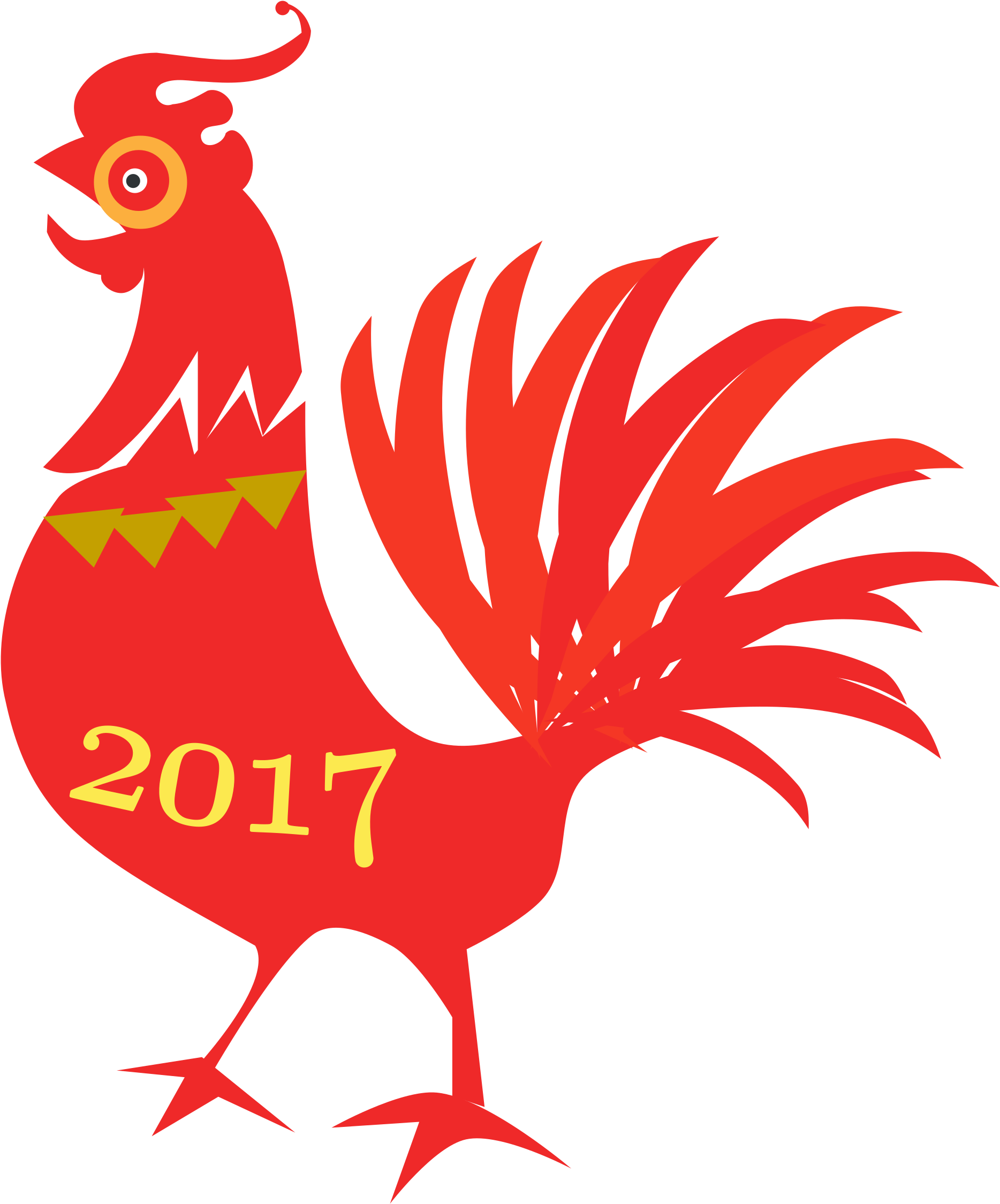 2017 雞年 壁紙 — 一隻大膽的紅色風格化公雞，帶有黃色點綴和「2017」文字，立在黑色背景上。