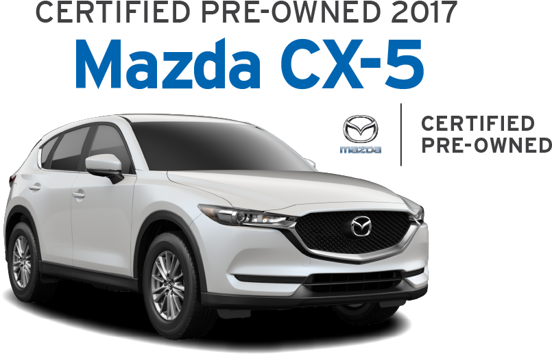 2017款馬自達CX-5認證二手車 壁紙 — 一輛純白色的2017年Mazda CX-5 SUV在黑色背景上展示，並帶有粗體藍色和灰色的認證文字。